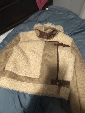 Urban Behavior Cream Shearling Moto Jacket with Brown Trim